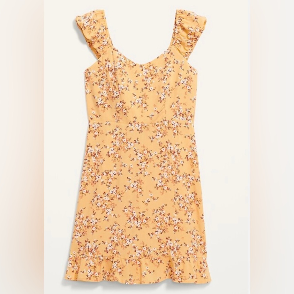 NWT Old Navy Fit and Flare Yellow Floral Puff sleeve mini dress size small